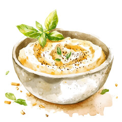 My Watercolor illustration, baba ganoush in bowl painting illustration isolated on a white background, illustration, AI painting design, vector illustration set, eps format