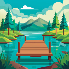 Fototapeta premium Vector illustration of a Peaceful Lakeside Dock Scene.
