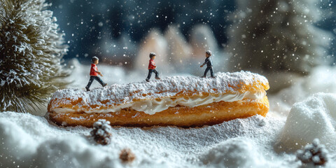 Miniature figures walking on cream-filled pastry in snowy winter wonderland, whimsical holiday scene, creative food art concept