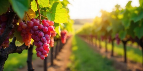Fototapeta premium Sun-drenched rows of ripe grapes hanging heavy on the vine, ready for harvest Lush green leaves frame the perfect bunches, promising a superb vintage , wine region, winemaking, golden hour