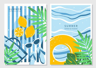 Summer bright background, time to travel. Sea, lifebuoy, beach supplies and tropical palms. Tourism concept, travel and adventure, vacation. Vector illustration for poster, cover, sales
