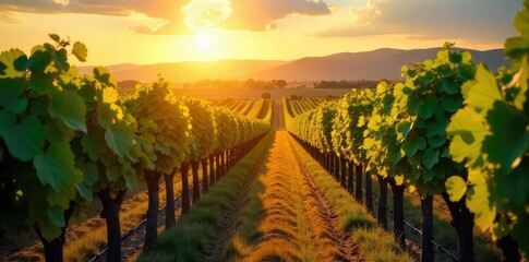 Naklejka premium Sun-drenched vineyard rows stretching to the horizon, lush green vines heavy with ripening grapes, ready for harvest Golden hour light bathes the landscape in warmth , harvest, vines, vineyard view