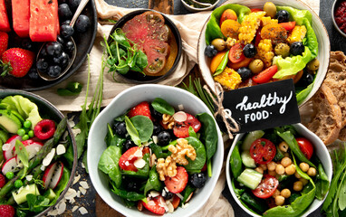 Vegan summer dishes. Healthy and tasty brunch.