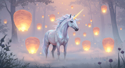 Mystical Unicorn Among Lanterns in a Dreamlike Forest at Dusk