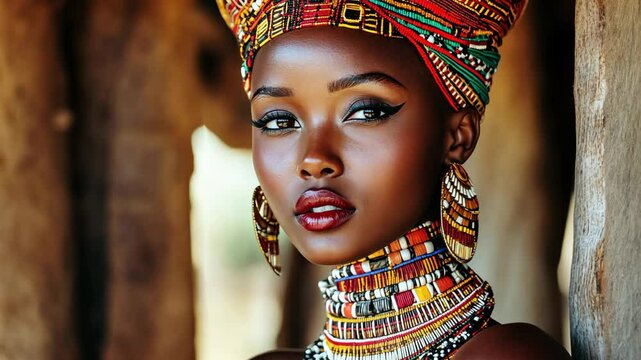 pretty young black African woman in ancient tribal queen attire with gold or bronze necklace and earrings at ancient palace