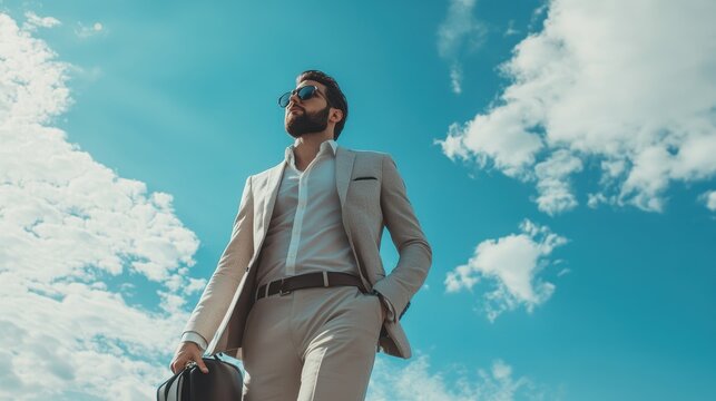 low angle of fashion man walking in mega city 