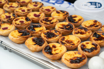 Pastel de nata Portuguese cakes. Traditional Portugal egg tart, fresh pasteis bakery