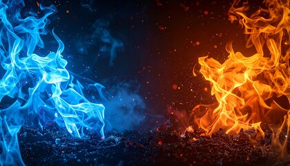 Dramatic contrast of blue and orange fire flames