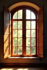 Fototapeta premium Sunlight streams through elegantly crafted wooden window shutters, casting a warm glow on the interior The shutters are partially open, revealing a glimpse of the outside world , light, room, calm