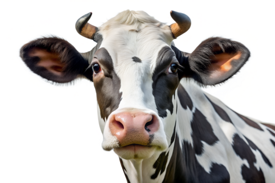 Dairy Cow Portrait: A close-up portrait of a curious dairy cow, showcasing its distinctive black and white patched coat, large brown eyes, and pink nose against a clean background. 