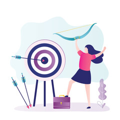 Successful business story concept. Female character hit in bullseye with her bow. Businesswoman using bow to aiming target. Happy and lucky business woman.