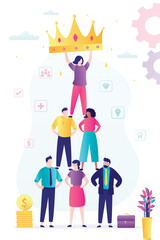Best solutions. Successful dream team, business development, cooperation and teamwork. Businessmen pyramid, woman leader on top holding giant crown.