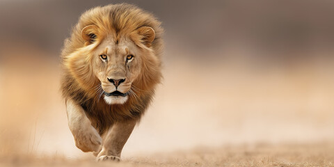 A lion hunting in the African savannah, panoramic wildlife wallpaper with copy space for text.