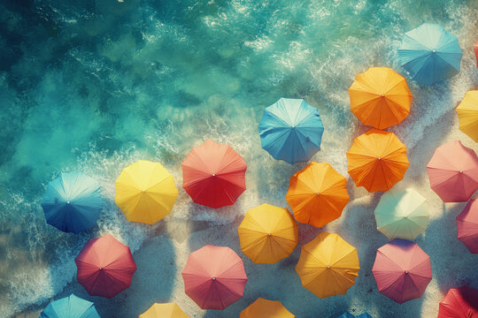 Busy summer beach captured from above, revealing a vibrant mix of umbrellas and activity by the shore