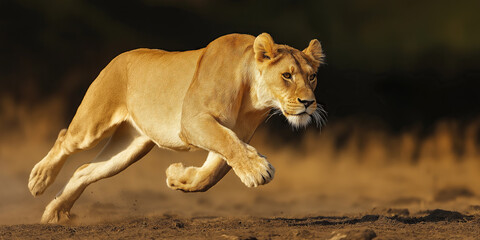 A lioness hunting in the African savannah, panoramic wildlife wallpaper with copy space for text.