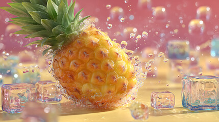 Fresh Pineapple Water Splash with Ice Cubes
