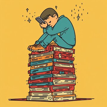 A bored person slouched on a tall stack of books, holding a phone close to their face, showing poor posture and lack of interest.

