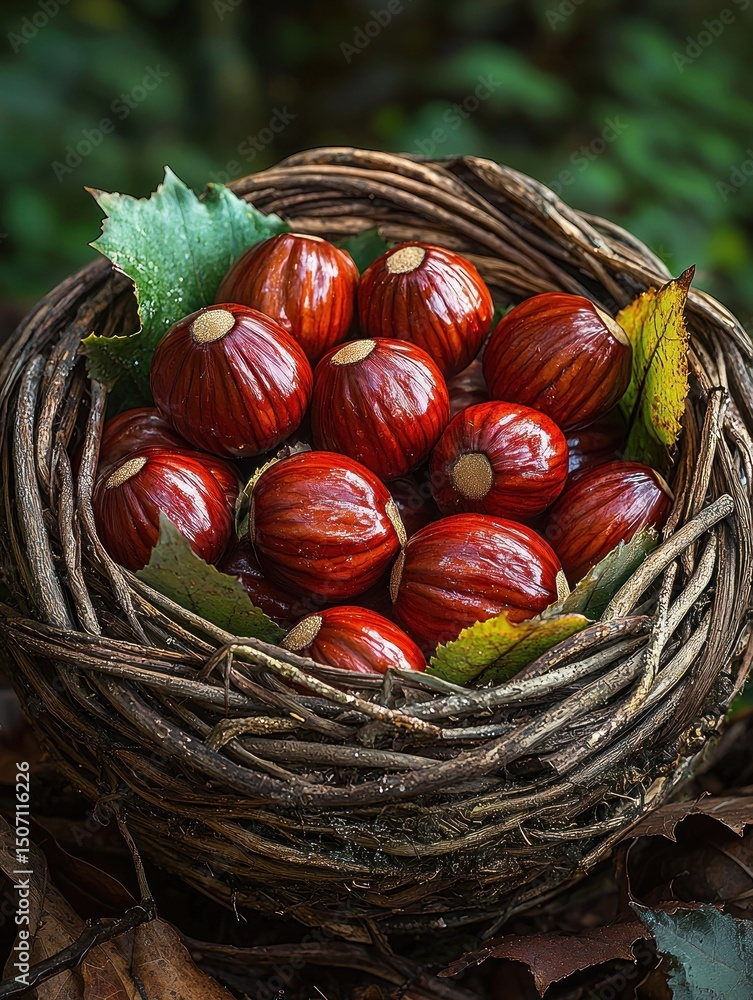 Poster red chestnuts nestled in a wicker nest