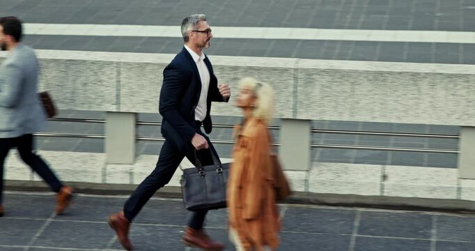 Man, briefcase and run for rushing in city with morning commute, hurry and late for appointment. Male attorney, bag and traffic delay with urban travel, meeting schedule and interview opportunity - Powered by Adobe