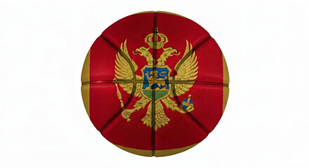 A basketball with the montenegro coat of arms on it against a plain white studio background view