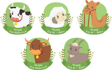 Happy eid al adha mubarak background. Adorable flat design style cartoon vector set of qurban animals for Eid al-Adha &ndash; includes cow, buffalo, goat, sheep, and camel. Perfect for Islamic holiday greet