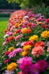 Obraz premium Vibrant, colorful flowers blooming profusely along a garden border, creating a stunning natural edge Perfect for landscaping, gardening, and springtime themes , natural, flower border design