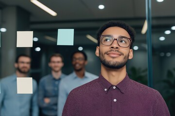 A man with glasses and a purple shirt is looking at a group of people. Concept of curiosity and interest in the people around him