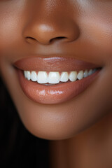 Fototapeta premium Close-up of a smiling woman's lips and teeth, showcasing perfect dental health and natural beauty, warm lighting, positive and confident mood, dental care concept