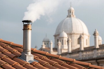 Naklejka premium Smoke billowing from a chimney on a tile roof with historic architecture in the background