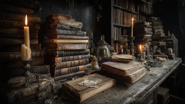 Witch&rsquo;s desk holds flasks, tomes, and remnants of ancient rituals. Alchemy scene glows with candlelight and dark magic. Secrets linger in shadows of forgotten knowledge.