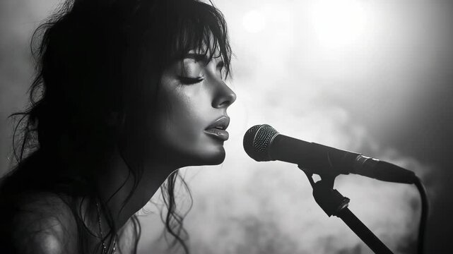 A woman with long hair singing into a microphone - Powered by Adobe