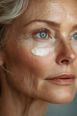 Close-up of mature woman applying skincare cream under eye, showcasing healthy aging and beauty routine, focused expression, natural lighting, skincare concept
