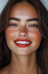 Smiling young woman with freckles and vibrant lipstick, close-up portrait, natural beauty, confident expression, bright and cheerful mood, beauty and self-expression concept