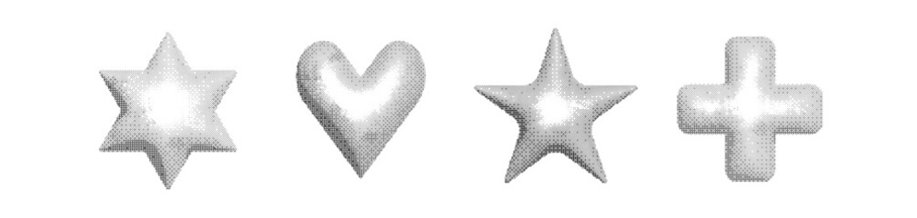 Bitmap vector set of distressed halftone shapes. Stars, heart and a cross. Features a grunge, pixelated texture, perfect for adding an edgy, digital, or retro effect to y2k design.