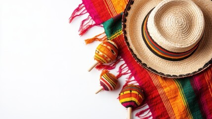 Mexican poncho with sombrero maracas against white background