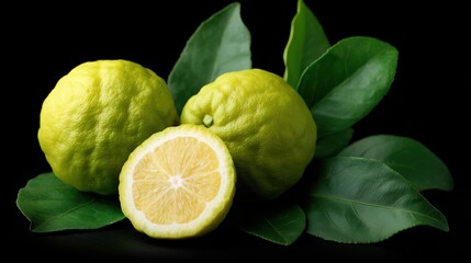 Freshly Harvested Bergamot Fruit Displayed on Green Leaves With a Sliced Piece Revealing Juicy Texture and Aroma Generative AI