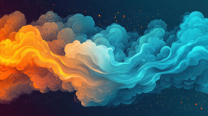 Vibrant abstract cloud formation in fiery orange and cool blue hues, dynamic swirling patterns, cosmic night sky, artistic expression, creativity concept