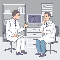 Two doctors discussing lung x-ray results in a medical office. Flat vector illustration for healthcare, diagnosis, clinical consultation, pulmonology, or professional teamwork concepts.