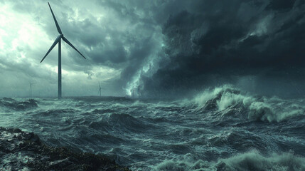 Dramatic stormy sea with wind turbines under dark clouds, showcasing renewable energy resilience, intense atmosphere, environmental sustainability concept.