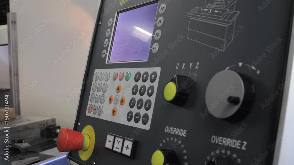 Poster modern tech equipment industrial technician or engineer hand interacting with touchscreen control pa