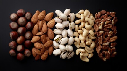 Delicious Assortment of Various Nuts Including Hazelnuts, Almonds, Pistachios, Cashews, and Walnuts on a Black Background Generative AI
