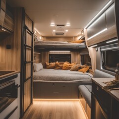 A modern and luxurious motorhome interior with a double bed, sofa, kitchenette, and bunks on the left side of the picture. The area is spacious