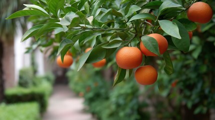 Beautiful Orange Garden With Ripe Fruit Hanging From Trees in a Well-Maintained Landscape During Sunny Weather Generative AI