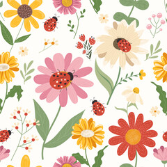 Seamless pattern with chamomile, sunflower and ladybug. Botanical garden with ladybug on flower. Vector seamless pattern