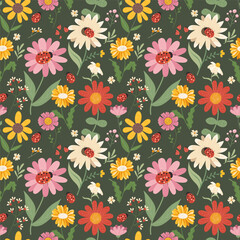 Seamless pattern with chamomile, sunflower and ladybug. Botanical garden with ladybug on flower. Vector seamless pattern on dark background