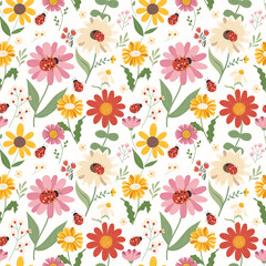 Seamless pattern with chamomile, sunflower and ladybug. Botanical garden with ladybug on flower. Vector seamless pattern
