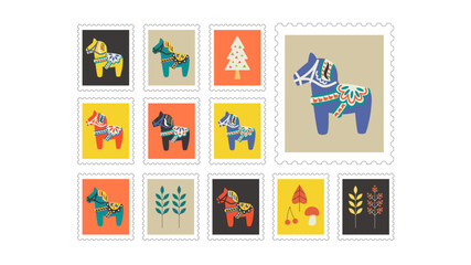 2026年　ダーラナホースの切手フレームベクターイラストセット