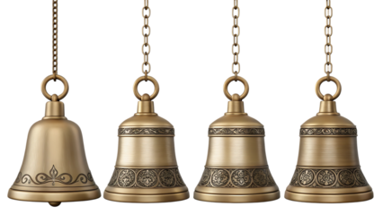 Golden bells hanging with chains, ornate decoration on transparent background