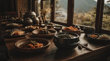 table set with traditional Korean dishes