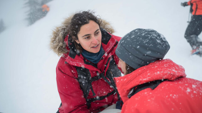 Woman helping companion in snowy mountain rescue situation, wearing red jackets, facing cold weather emergency, teamwork and hypothermia response in extreme winter conditions.